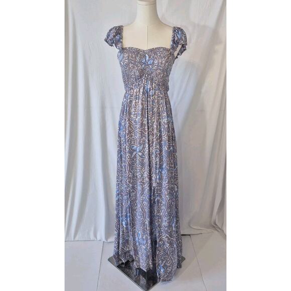 Tiara Hawaii Womens Blue Purple Abstract Smocked Maxi Dress Medium Large - Picture 1 of 6